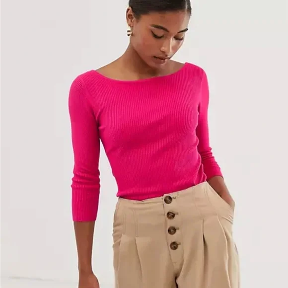 BNWOT Stradivarius Cross-Back Hot Pink Ribbed Sweater - Picture 2 of 4